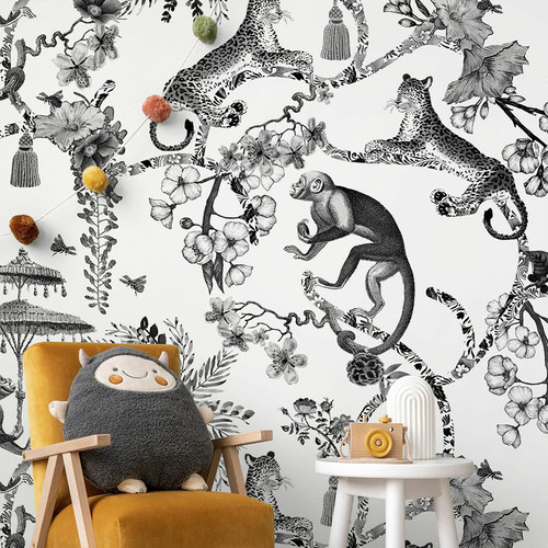 瑞典原装进口定制壁画 Chinoiserie Whimsy 中法式 猴子豹子壁纸
