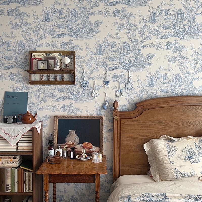 18世纪法式复古人物卧室书房客厅背景墙壁纸蓝色古典轻奢英式墙纸