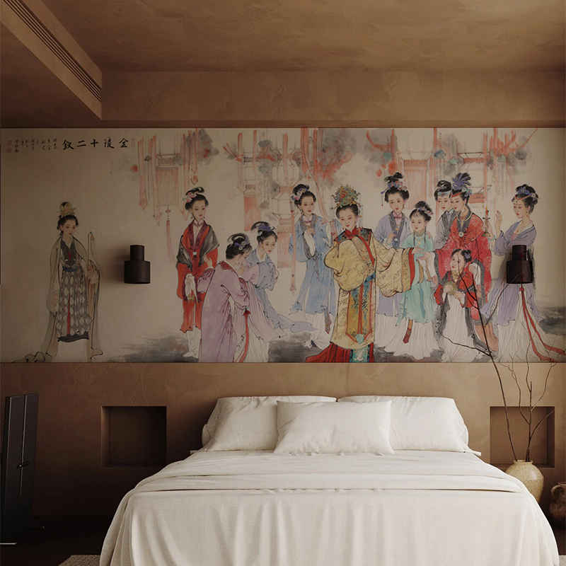 新古典国画仕女风景图 金陵十二钗人物新中式背景墙纸 壁画定制