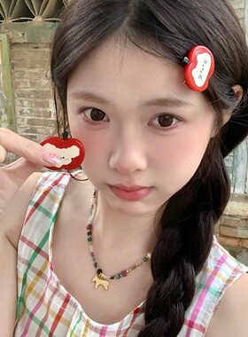 甜美可爱红色苹果猫咪小狗发夹少女感前额刘海夹子发卡碎发鸭嘴夹