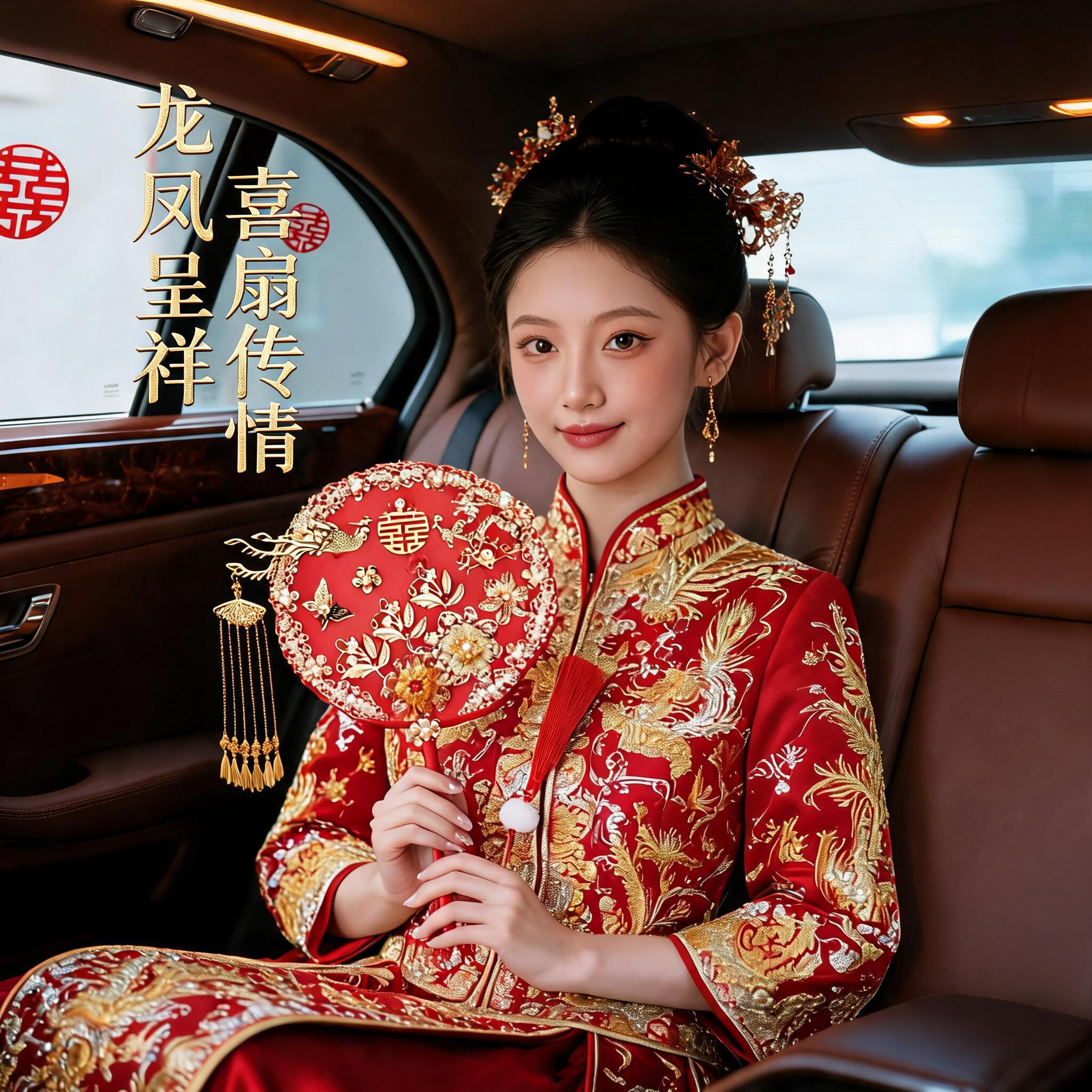 中式新娘婚礼红色龙凤花鸟团扇图片