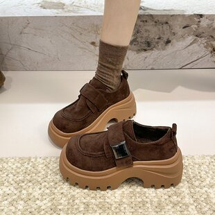 圆头复古加绒乐福鞋女款2025新款冬季魔术贴厚底增高英伦风小皮鞋