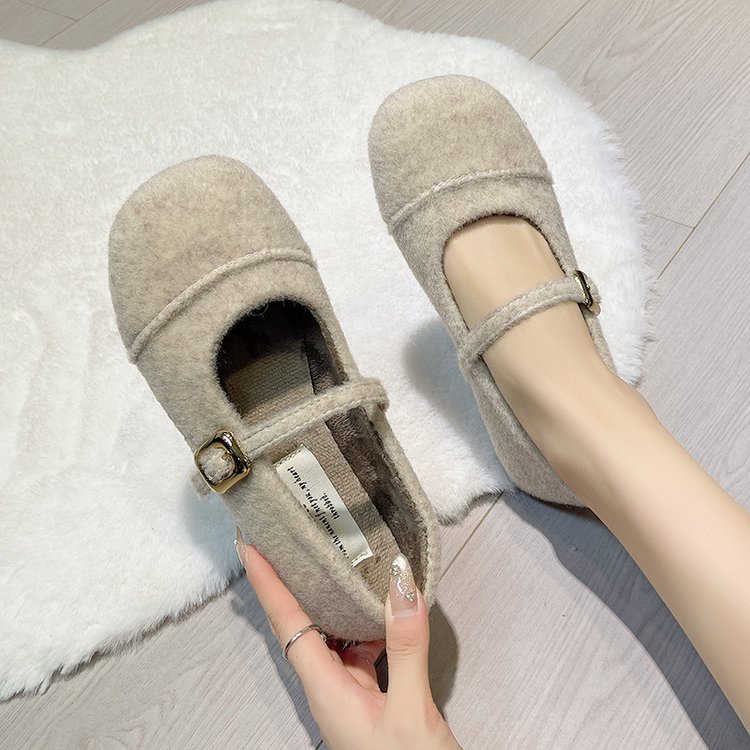 复古方头软底加绒玛丽珍棉鞋