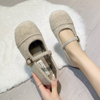 复古方头软底加绒玛丽珍棉鞋