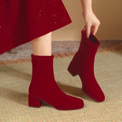 可穿孕妇加绒韩版红色短靴