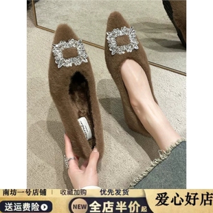 2025秋冬新款尖头水钻方扣内加绒平底单鞋保暖平跟毛毛鞋浅口女鞋