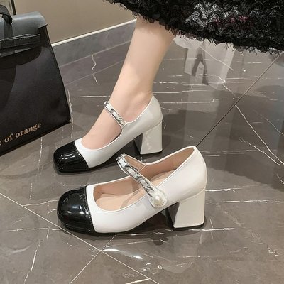 女秋小香风珍珠粗跟单鞋