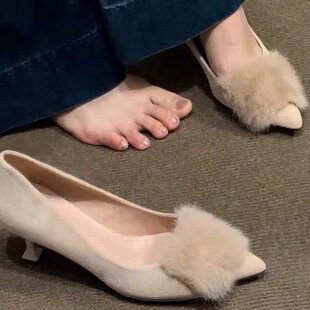 2025新款性感御姐毛毛高跟鞋秋冬加绒单鞋尖头法式旗袍女鞋细跟