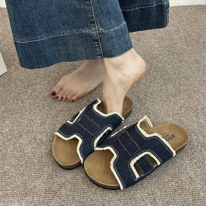 流苏牛仔布一字拖鞋女夏季新款真皮方头平底复古沙滩休闲凉拖鞋潮,女鞋,一字拖,淘宝优惠券,粉丝福利购,淘宝优惠卷