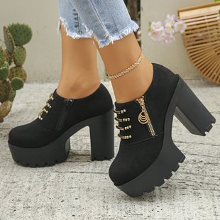 潮 女欧美纯色拉链坡跟防水台靴子时尚 2025秋冬新款 超高跟粗跟皮鞋