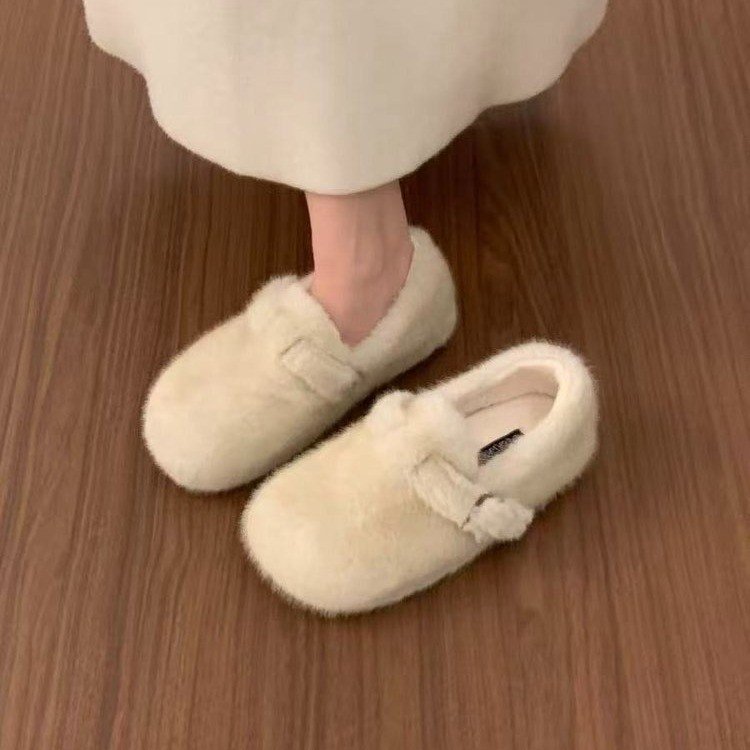 米色厚底毛毛拖鞋女2025新款时尚软底冬季外穿加绒保暖包头棉拖鞋