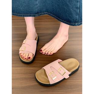 复古博肯凉鞋女款2026休闲搭扣低跟露趾新款夏外穿厚底皮带一字拖