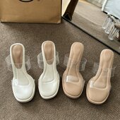 外穿水晶跟粗跟凉拖鞋 踩屎感厚底防水台透明一字带高跟凉鞋 女夏季