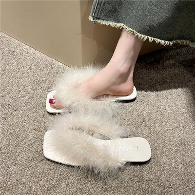 外穿毛毛拖鞋平底人字拖