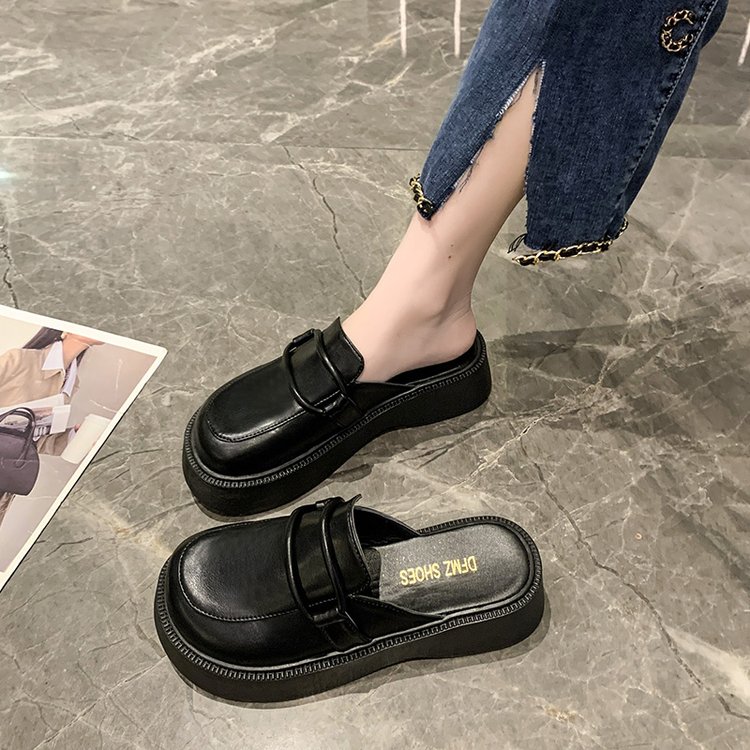 复古厚底松糕包头半拖鞋女韩系