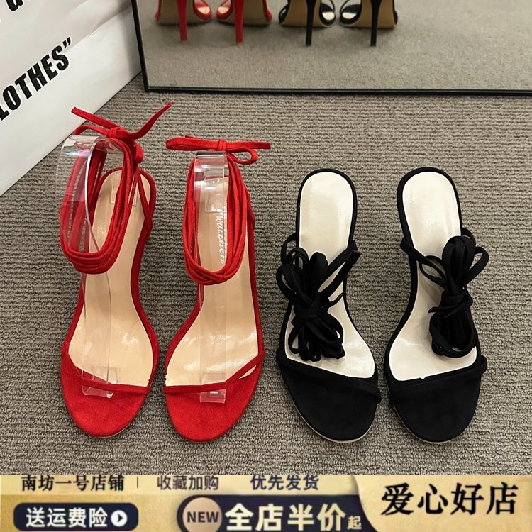 夏季新款细跟红色绑带交叉凉鞋女露趾后空一字带床上性感高跟鞋子