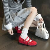 6cm内增高方头浅口黑色小皮鞋 女 交叉扣带芭蕾舞单鞋 法式 复古春季