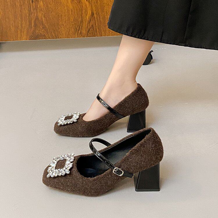 法式水钻玛丽珍毛毛鞋女2025秋冬季粗高跟仙女晚风加绒浅口单鞋子,女鞋,浅口单鞋,淘宝优惠券,粉丝福利购,淘宝优惠卷