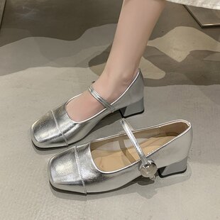 温柔风玛丽珍鞋女鞋浅口2025夏季新款配裙子软皮单鞋一字带高跟鞋