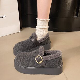 灰色勃肯鞋女厚底雪地靴2025新款爆款冬季加绒鞋子一脚蹬保暖棉鞋