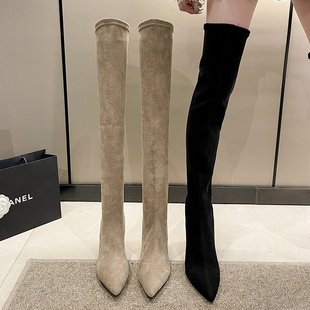 欧美风尖头粗跟过膝长靴女2025秋冬绒面弹力瘦瘦靴辣妹性感高跟靴