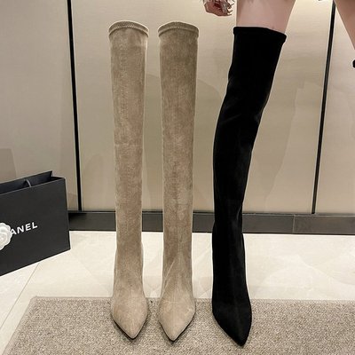 欧美风尖头粗跟过膝长靴女