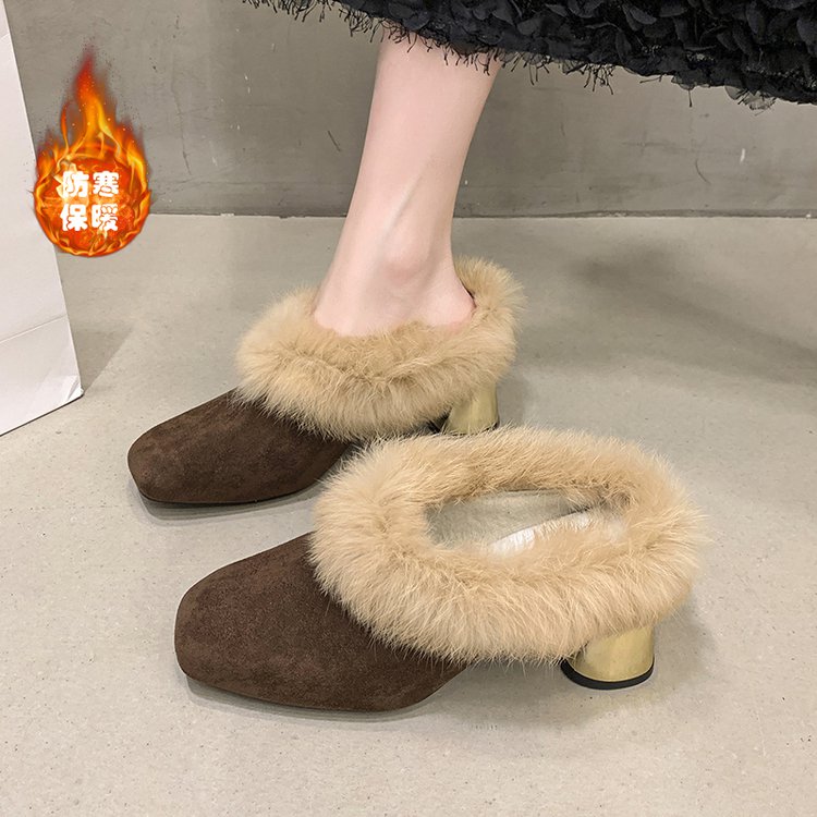 高级感粗跟加绒包头穆勒半拖