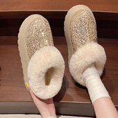 大码 雪地靴冬季 新款 女式 外贸厚底亮片加厚保暖毛毛口低筒棉靴44码