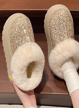 女式大码雪地靴冬季新款外贸厚底亮片加厚保暖毛毛口低筒棉靴44码