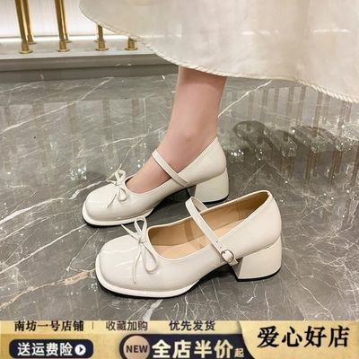 法式蝴蝶结圆头单鞋女中跟