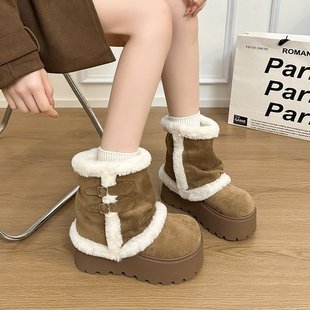 厚底雪地靴女2025冬季新款复古百搭加绒保暖增高小个子短筒棉鞋子