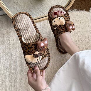 可爱豹纹少女心凉拖鞋女2025春季新款亚麻拖鞋家居网红静音一字拖
