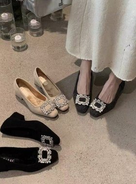 秋冬毛毛鞋女冬外穿新款法式方头浅口单鞋女加绒仙女风通勤晚晚鞋