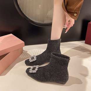 粗跟短靴女2025新款秋冬百搭法式水钻方扣袜靴气质绒面弹力瘦瘦靴