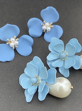 复古欧美外贸原单madewell/roman优雅兰花珍珠耳环蓝色耳钉甜美