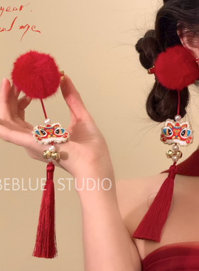 新年汉服发饰红色喜庆对夹女醒狮秋冬毛绒流苏发夹2026马年头饰