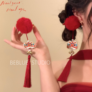 新年汉服发饰红色喜庆对夹女醒狮秋冬毛绒流苏发夹2026马年头饰