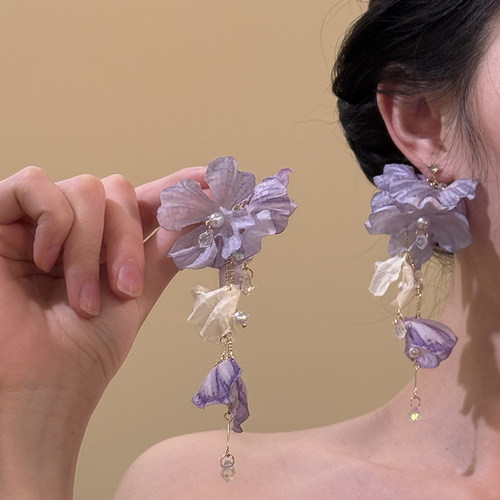悠紫绮梦~夏日紫色花朵流苏耳环2025新款夸张海边度假风耳饰耳夹