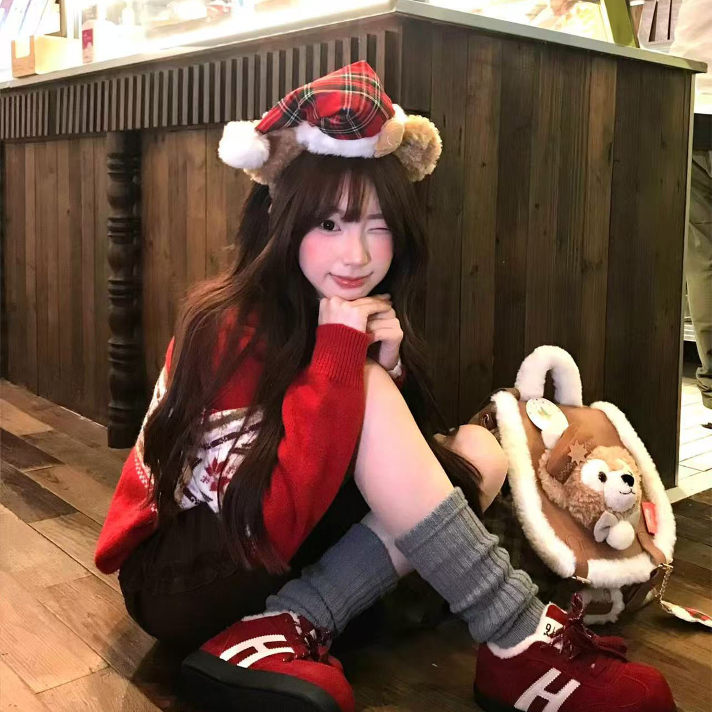 圣诞节可爱小熊耳朵圣诞帽子毛绒发箍女达菲熊拍照发饰秋冬头箍