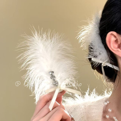 雪羽流光~仙气白色闪锆羽毛蝴蝶结鸭嘴夹发夹女2025新款高端发饰