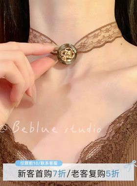 松露玫瑰~纯欲咖色花朵蕾丝choker颈链女复古百搭高级感锁骨链