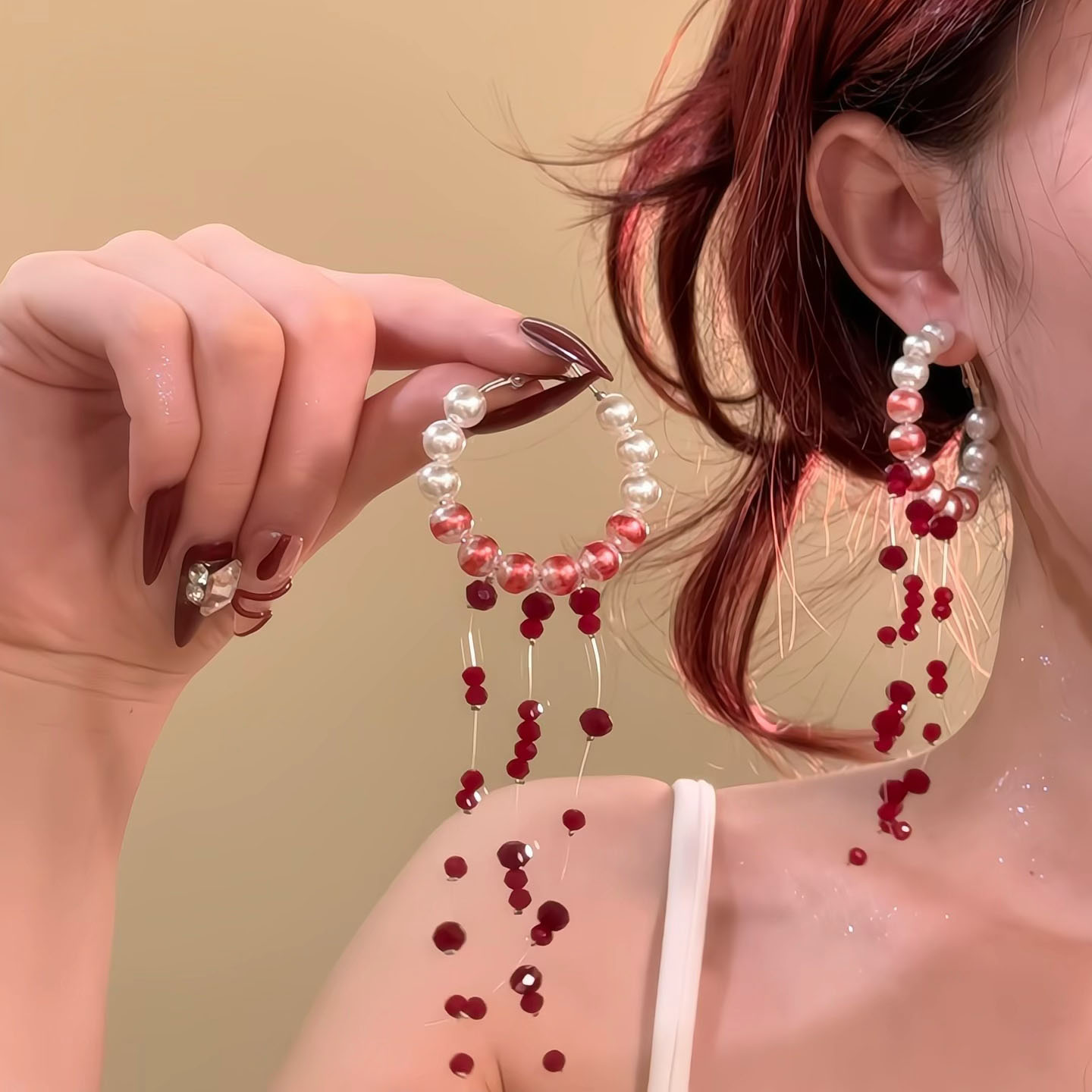 猩红誓言~哥特风血红珍珠流苏耳环耳钉穿搭配饰拍照万圣节道具