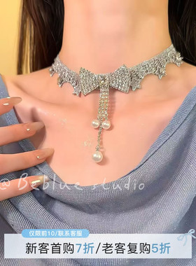 冰雪精灵~闪锆蝴蝶结流苏项链女轻奢高级感锁骨链晚礼服生日颈链