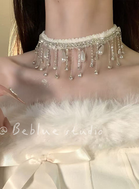 浪漫密码~优雅闪锆珍珠流苏毛绒choker项链女轻奢气质颈链锁骨链