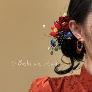 嫣红姹紫~新中式红色花朵流苏发梳女结婚头饰发簪国风新年头饰