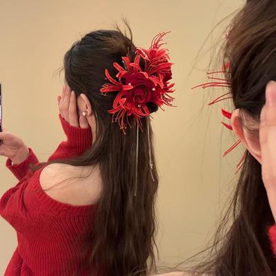 彼岸笙花~气质新年红彼岸花鲨鱼夹春夏季高级感发饰女个性抓夹