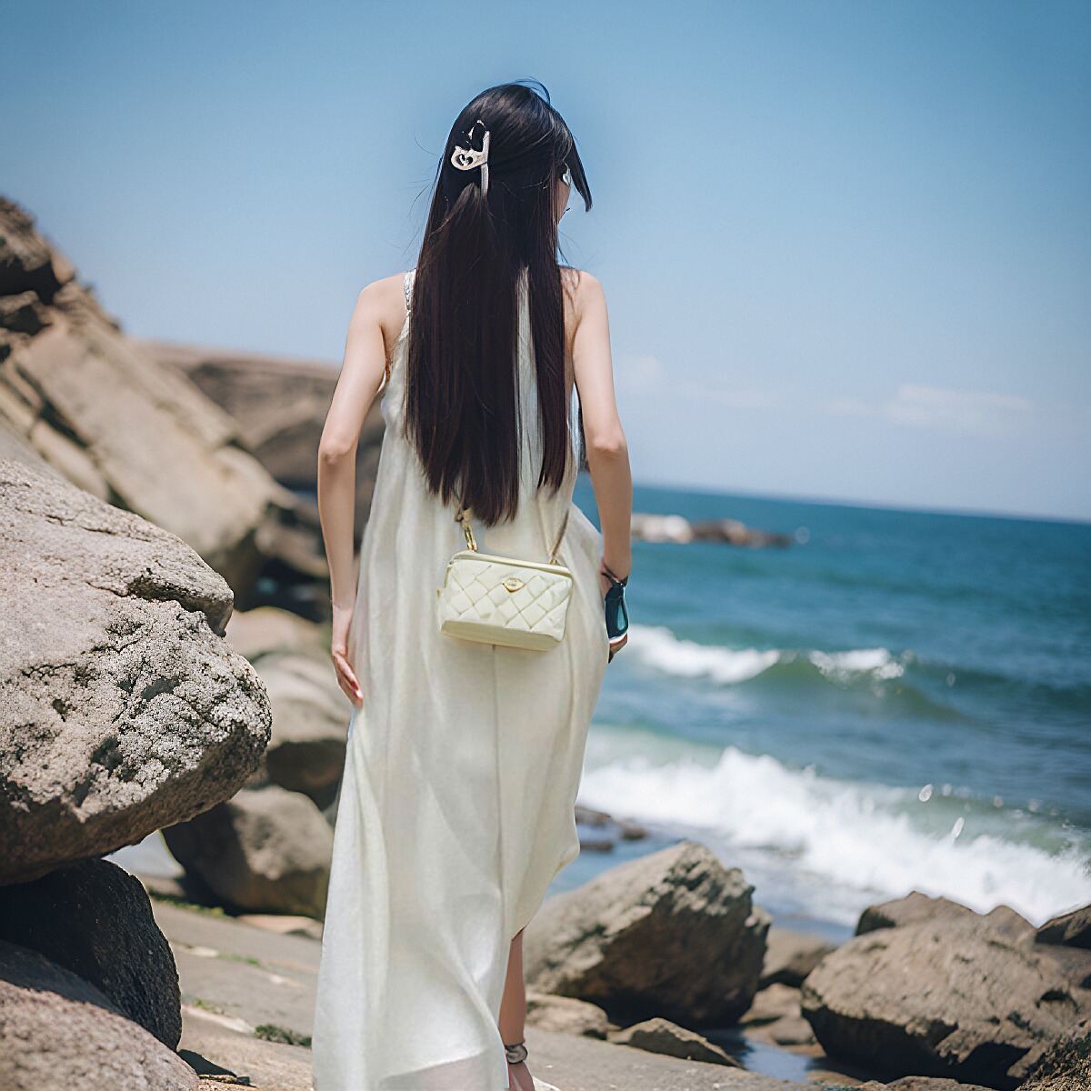 海边度假风网纱连衣裙女夏季新款仙女沙滩裙纯欲风设计感挂脖长裙