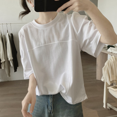 棉质t恤女式夏季新款宽松显瘦韩版简约小众设计感圆领泡泡袖上衣