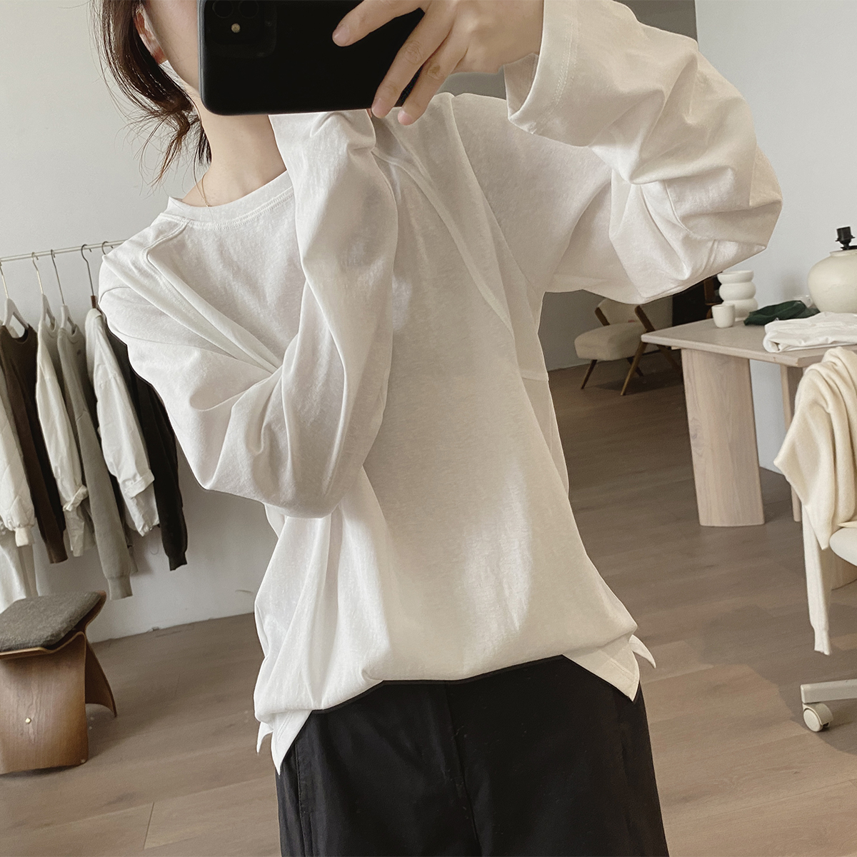 圆领t恤女式春秋季新款宽松大码显瘦韩版长袖简约基础款棉质上衣