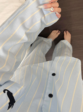 韩系小清新~条纹小猫印花长袖长裤睡衣也太适合秋冬了~简约家居服